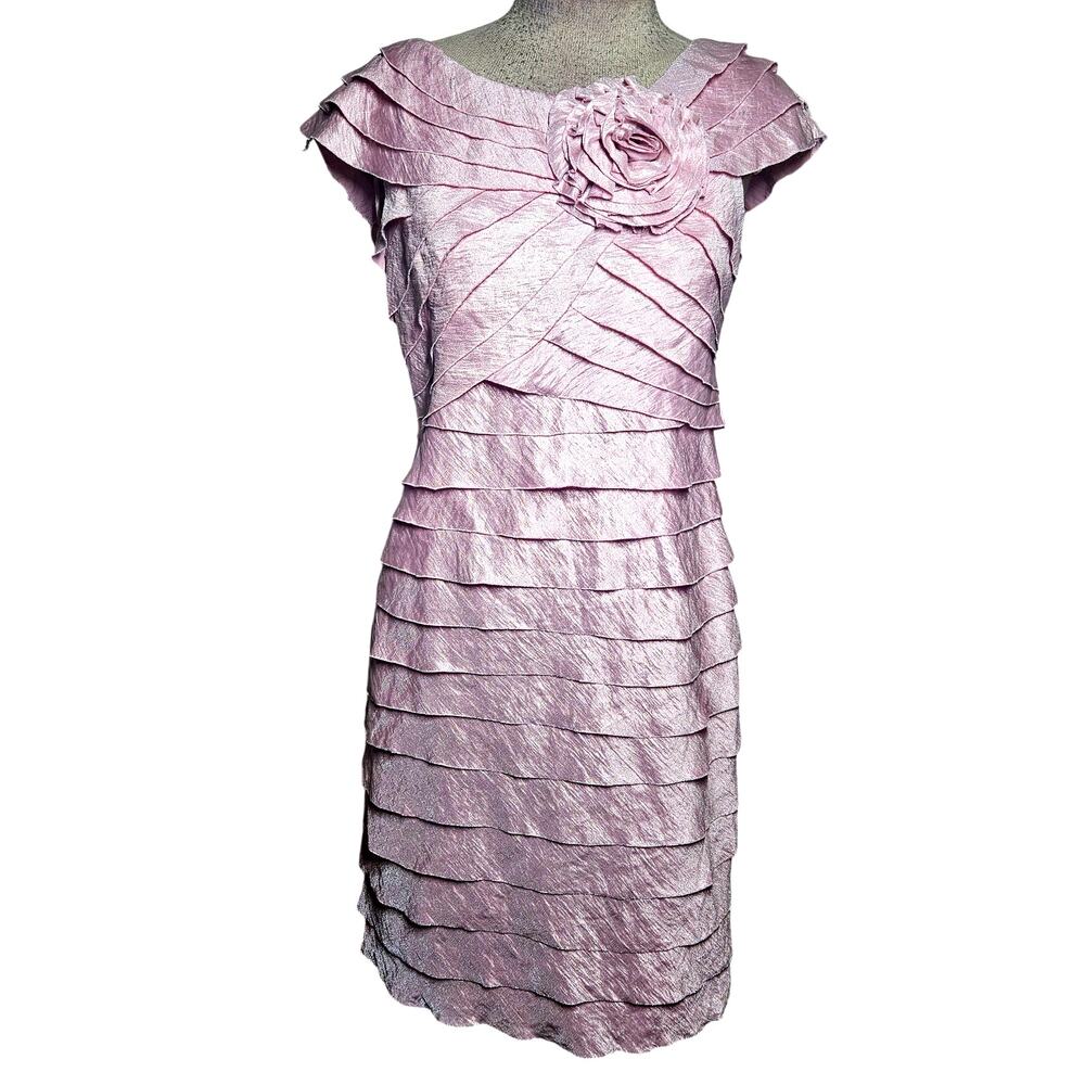 London Times Light Pink Tiered Midi Dress with Rosette